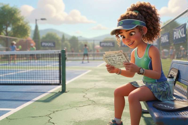 A female pickleball player sitting on a bench reading her pickleball mindset index cards.