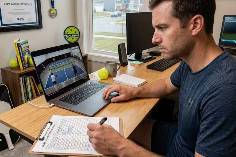 Male pickleball player doing a pickleball match video review after a competitive match.