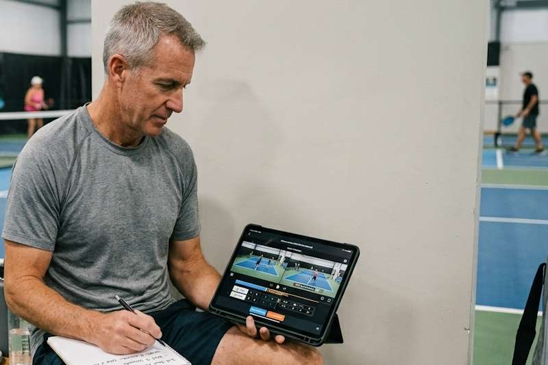 A male pickleball player doing a video match review.